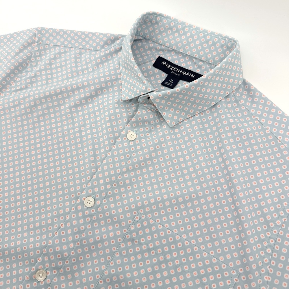Mizzen+Main Shirt Medium Blue Geometric Trim Fit Leeward Stretch Short Sleeve
